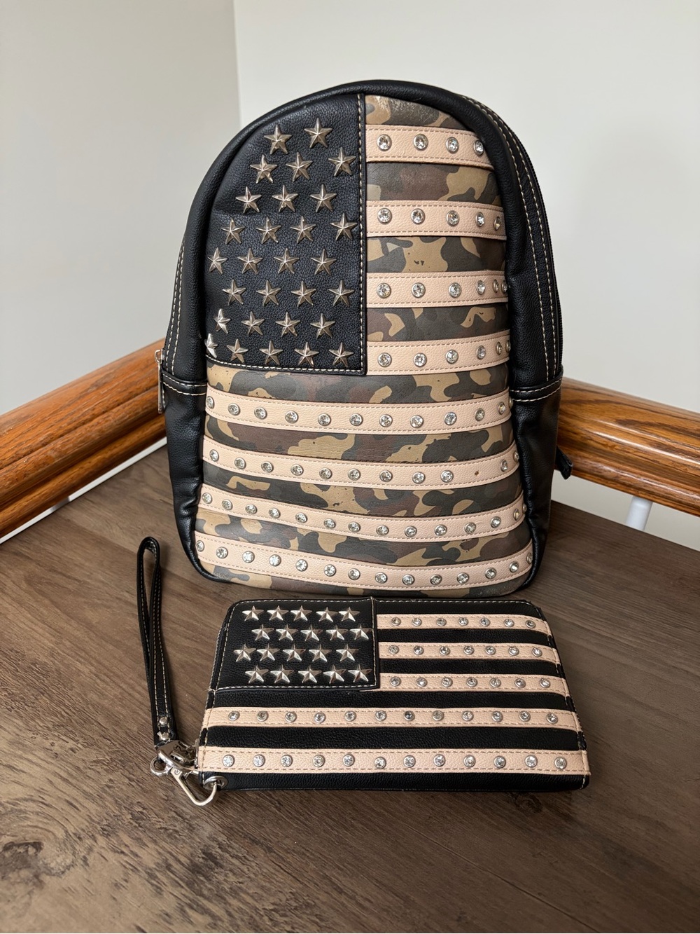 Montana West Camo American Flag Studded Backpack & Wallet Set